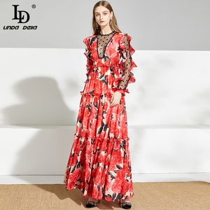 LDLindadella Yaz FashionRunway Maxi Elbise Kadın Nokta Örgü Kol Ruffles Kırmızı Çiçek Baskı Zarif Uzun Parti Elbiseleri 201204