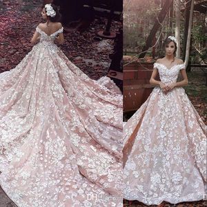 Luxury Sexy Wedding Dresses Blush Pink Off Shoulder White Lace Appliques Beads 3D Flowers Off Shoulder Cathedral Train Formal Bridal Gowns