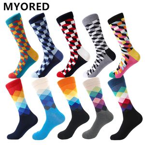 MYORED メンズカラフルなカジュアルドレスソックスコーマ綿ストライプチェック柄幾何格子パターンファッションデザイン高品質 200924