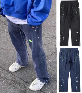 Calças masculinas High Street Ins mesmo lavagem splash tinta larga perna zipper calças de costura