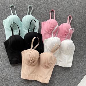 Spring Summer Product Female Solid Color Knit Pleated Bras Camisole Girls Stretch Cropped Tank Tops Y1148 220314