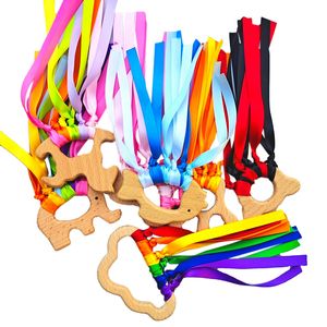 Arcobaleno Nastro di legno Anello Giocattoli Mano Aquilone Massaggiagengive Bambino appena nato Giocattoli sensoriali Forma animale Legno Dentizione Sviluppo precoce