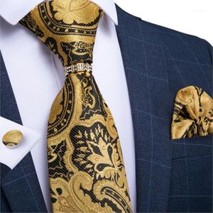 Bow Ties Men Necktie Gold Paisley Wedding Tie For Ring Silk Set Hanky Cufflinks DiBanGu Designer Business JZ03-71921