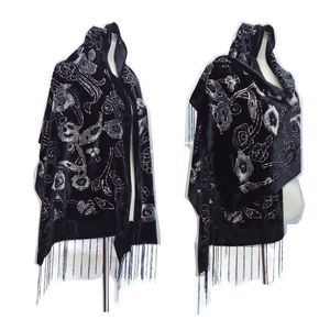 Szaliki Przylot Burnout Velvet Winter Scarf Hidżab Glitter Kwiatowe Szale na Wesele Czarny Head Ponchos Kobiety