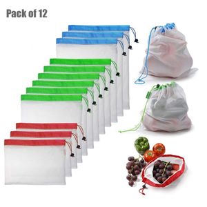 Lmmetjma 12pcs / conjunto de malha reutilizável sacos de poliéster premium sacos de malha lavável para legumes Frutas brinquedos KC0244 201021