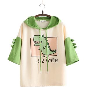 Kvinnor Dinosaur Sweatshirts With Horns Sweet Style Short Sleeve Bomull Hoodies Tjejer Green Hoodie Print Hooded Harajuku Pullovers LJ200808