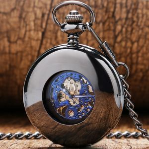 Classical Steampunk Black Smooth Case Hollow Mechanical Hand Wind Pocket Watch Royal Blue Skeleton Men Women Pendant Fob Chain T200502
