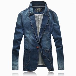 Wholesale- 2021 Spring Autumn Casual Blazer Men Tidal Current Male Slim Fit Denim Suit Single Button Jean Jacket Coat Light Blue 4XL1 Men's