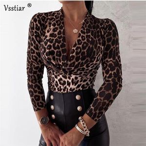 Vsstiar leopard blus kvinnor sexig v nacke casual långärmad kontors arbete tröjor ny mode utskrift damer plus storlek blouses