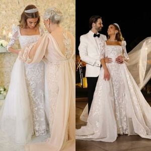 Duas peças Uma linha vestidos de noiva 2021 Laço quadrado Pescoço Appliqued vestidos de noiva com trem destacável elegante manga longa Vestido de Novia