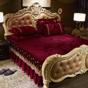 European Embroidery Lace Velvet Bedspread Ruffle Queen Double Embossed Quilted Cotton Bed Cover King Bedskirt Set Soft Warm 3pcs LJ201016