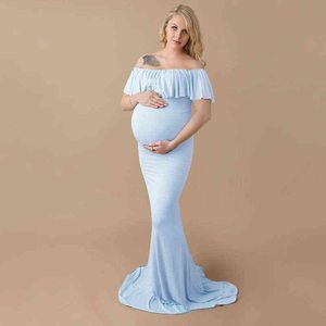 Maternity fotografi rekvisita sexig maxi klänning elegant snygg graviditet foto skjuta kvinnor lång klänning ett ord krage fisk svans klänning g220309