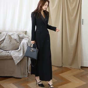Yeni Sonbahar Kış Ofis Bayan Pist Tasarımcısı Kadınlar Uzun Trençkot Çentikli Yaka Wrap Siyah Maxi Dış Giyim 201103