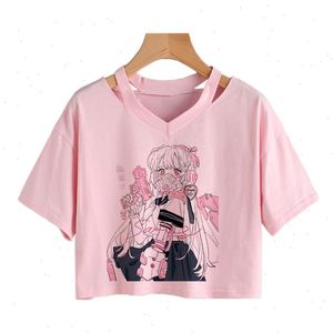 Yaz Pembe Anime T-Shirt Mektup T Gömlek Baskı Tüp Üst Kadınlar Gevşek Harajuku Kırpma Kısa Kollu Vintage Tee Punk Tops