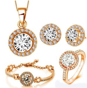 18K Gold Silver Plated Zircon Earrings Necklace Bracelet Bridal Wedding Jewelry Set for Women Round Crystal Pendent Jewelry Sets