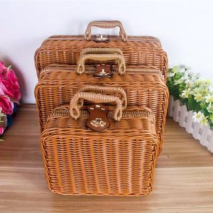 Retro Handwoven Rectangular Simulation Wicker Handbag Suitcase Vintage Storage Box For Fruit Picnic Basket Bags