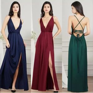 2022 Silk Tafta V Neck Bridesmaid Dresses Sexig backless Split Plunging Women Party Vestidos Summer Beach Bohemian Maid of Honor 189e