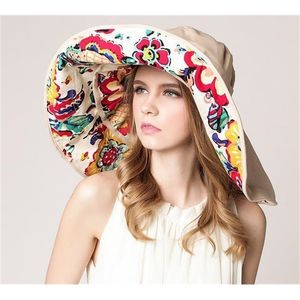 ファッションデザインの花の折りたたみ式の日焼け帽子夏の帽子女性用UV保護大規模なブリムビーチサンハット屋外Y200602