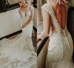 Sexy Backless Mermaid Dresses Short Cap Sleeves Lace Applique Sweep Train Covered Buttons Crystals Wedding Gown Vestido De Novia 403