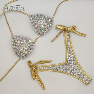 Roupa de banho feminina com strass triângulo biquíni sexy feminino conjunto de diamantes cristal frente única bandagem tanga biquini maiô