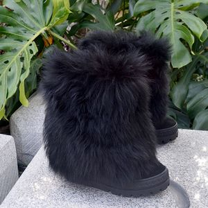 Verkliga bilder Bushy Black Wool Fur Snow Boots Kvinna Innerhöjd Ökad Hidden Wedge Heel Gummi Tjock Sole Fur Boot Slip On Warm Plush Winter Booties