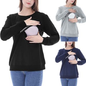 マタニティ服長袖スウェット冬母乳育児Tシャツエレガントなカジュアルな看護トップ妊娠中の女性TシャツFemme LJ201123