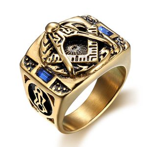 Stainless Steel Free Masons Masonic Rings Retro Gold Compass Square Freemason Signet Ring Set with blue gems Freemasonry Fraternal Association For Men Jewelry