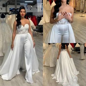 2021 Simple Lace Stain Women Engagement Wedding Dresses Jumpsuit with Removable Skirt Strapless Abiye Dubai Bridal Wedding Gowns Pant Suits