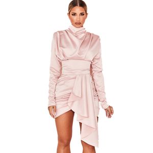 Deive Teger Ny Blush Heavy Satin High Necked Draped Höst Vinterklänning Mode Elegant Sexig Party För Kvinnor 8261 201008