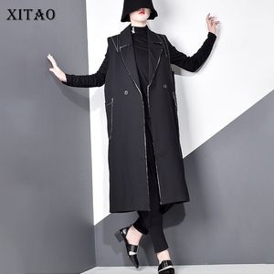 Xitao 스트라이프 버튼 분할 다시 조끼 여성 캐주얼 가을 트렌드 패션 새로운 턴 다운 칼럼리스 포켓 XJ4931 201028
