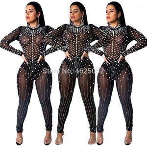 Diamond And Pearl Sheer Mesh Jumpsuit Women Sexy Long Sleeve Night Club Party Romper Female Sheath Outfits Plus Size XL1 Women's Jumpsuits &