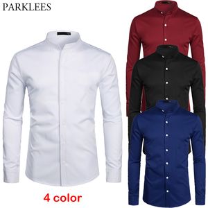 White Banded Collar Dress Shirt Men Slim Fit Long Sleeve Casual Button Down Shirts Mens Business Office Work Chemise Homme S-2XL LJ200925