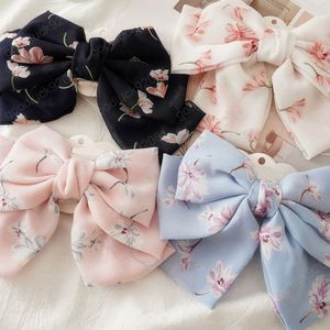 Women Chiffon Floral Printed Barrettes Oversized Bow Hair Clips Three Layers Hairpins Spring Clips Hair Accessories Hairgrips