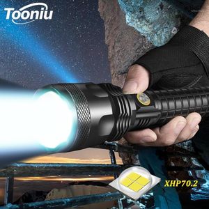 Rechargeable XHP70.2 LED Super Bright Waterproof Zoom Tactical Torch 3 Lighting Modes Outdoor Light Use 26650 Battery Flashlights Torches
