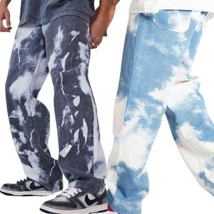 Y2K Baggy Jeans StreetWear Oversize Loose Right Leg Wide Byxa Män Slips Dye Cloud Motorcykel Hip Hop Trouser Loose Denim Bomull G0104