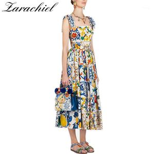 Mode startbaan zomerjurk nieuwe dames boog spaghetti riem backless blauw en wit porselein floral print lange dress1