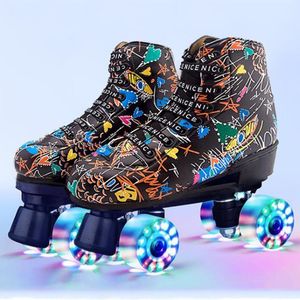 Inline & Roller Skates Adult Artificial Lether Double Row Skating Shoes Woman 4-Wheel Flash PU Wheel Outdoor Pantines Sports Shoes1