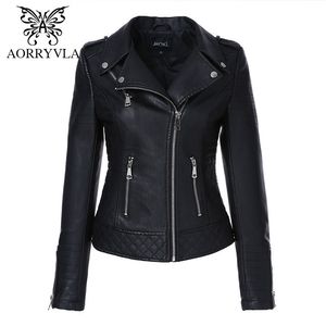 AORRYVLA Neue Herbst Frauen PU Leder Jacke Drehen-unten Kragen frauen moto Biker Zipper Jacke Schlank Schwarz Faux Leder outwear LJ201021