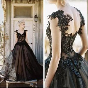Vintage Black A Line Wedding Dresses Gothic Bridal Gowns Appliques Lace Beads Sexy Open Back Straps Corset Plus Size Bride Dress 2022 Vestidos De Novia
