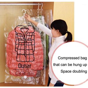 Storage Bags Can Hang Vacuum Bag For Clothes Foldable Side Pull Hanging Transparent Compression Hook