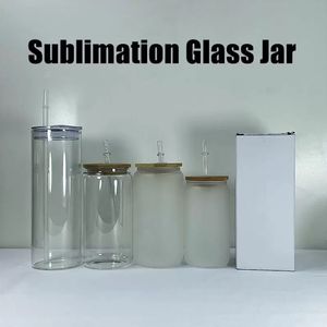 16oz Sublimation Glass Jar with Wooden Lid Drinkware Thermal Transfer Coffee Mug Plastic Straw Heat Printing Glass Tumbler