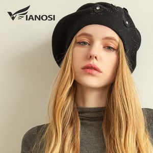 VIANOSI Women Winter Beret Hat Female angora wool knitted berets Luxury Rhinestone Caps Fashion Solid color Thick Gorros 201012