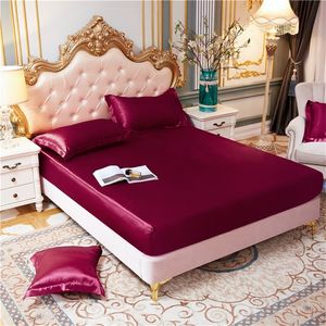 Satin Silk Fitted Bed Sheet Solid Color Mattress Protector Smooth Thick Cover With Elastic Band Washable 220217