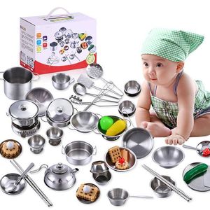 Kids House Kitchen Toys Stainless Steel Cooking Cookware Pots Pan Children Pretend Play Kitchen Playset Silver Figures LJ201009
