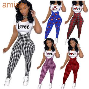 Casual Two Piece Pants Set för Kvinnor Designer T-shirt Pendling Brev Skriv ut Suspender Jumpsuit Passar Sexig Kortärmad Plus Storlekskläder