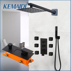 Kemaidi Matte Svart Badkar Dusch Kranar Meddelande Jets Termostat Temperatur Display Rainfall Badrum Kit Dusch Set Kran LJ201211