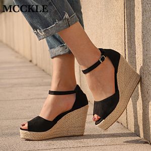 MCCKLE Plus Size Bohemian Women Sandals Ankle Strap Straw Platform Wedges For Female Shoes Flock High Heels Cover Heel Sandal