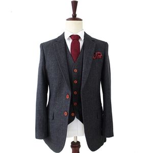 Lã escura cinzenta espinha de aranha Tweed alfaiate fita fita fita para homens retro cavalheiro estilo feito sob encomenda Mens 3 peça terno 201106