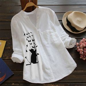 Mulheres escritório camisa de algodão linho camisas longas blusa mulheres cópia casual manga longa blusa casual botão para baixo tops chemisier femme