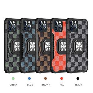 Magnetic Holder PU Leather Grid Phone Cases For Iphone 11 12 Mini 13 Pro Max XR XS 7 8 plus Shockproof Soft TPU Ring Stand Cover